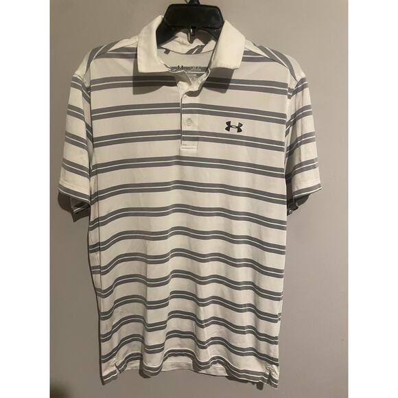 Under Armour Polo Heat Gear Groove‎ Striped Top Tech Golf Shirt White Medium - Picture 1 of 5